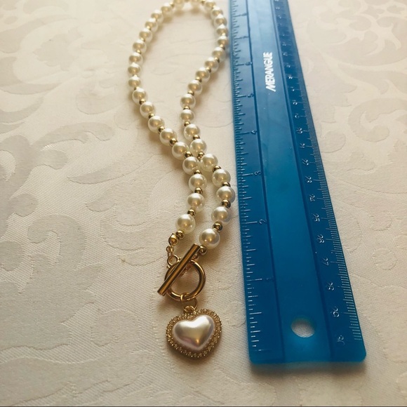 Pearl Goldtone Beads Heart Rhinestone Toggle Necklace - Picture 7 of 8